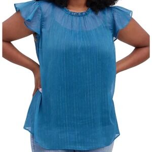 Teal Metallic Stripe Chiffon Flutter Sleeve Blouse Ruffle Torrid 00 Plus Size